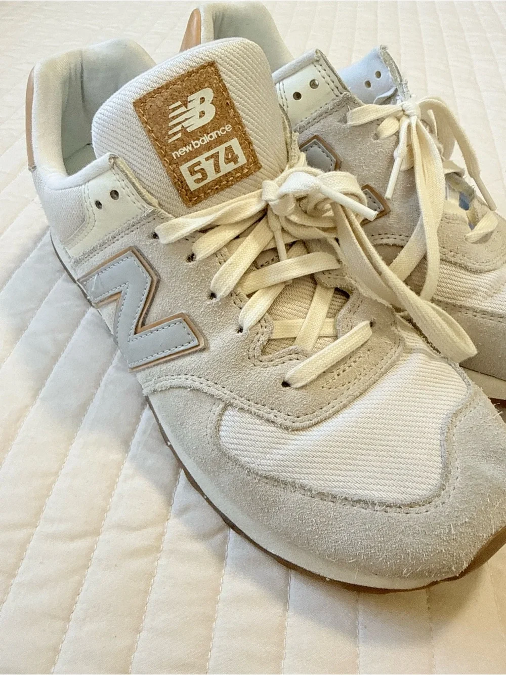 New Balance 574 Sneakers in White and Tan Accents